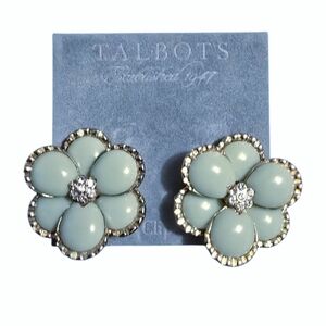 Talbots Baby Blue Flower Clip-on Earrings Gold-toned w/ Rhinestone Accents NWT